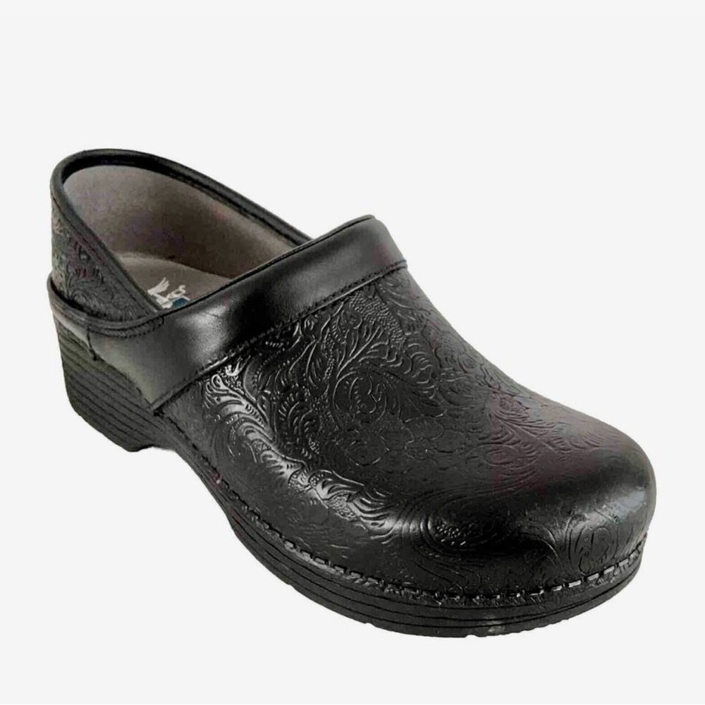 Dansko Black Embossed Leather Slip-On Clog Mule